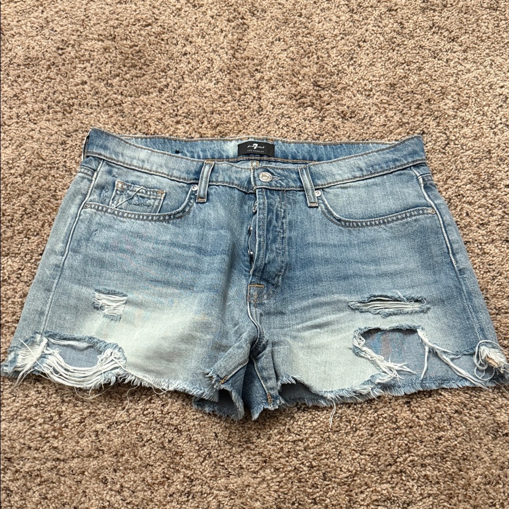 7 For All Mankind Blue Distressed Jean Shorts